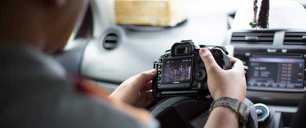 A dash cam mounted inside a car